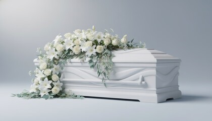 White casket adorned with white flowers and green foliage. Funeral service and bereavement concept. Symbol of rest and remembrance.