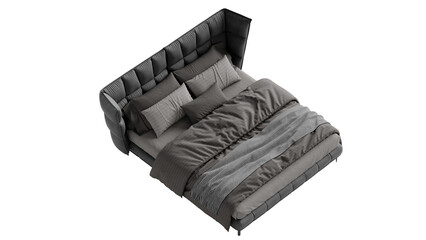 Contemporary bed with comforter and pillows on an isolated background. 
