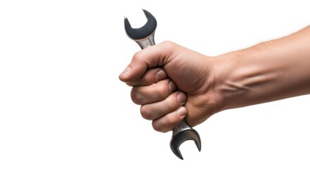 Man hand holding metal wrench tool for repair works. Mechanic instrument for maintenance and service. Fixing concept.
