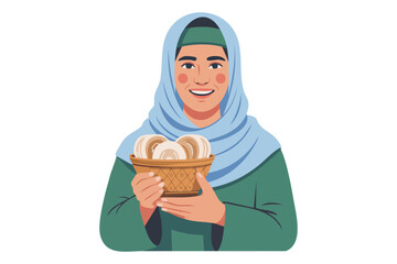Vector illustration of a Muslim woman holding bread, symbolizing daily life, food, hospitality, and traditional lifestyle.
