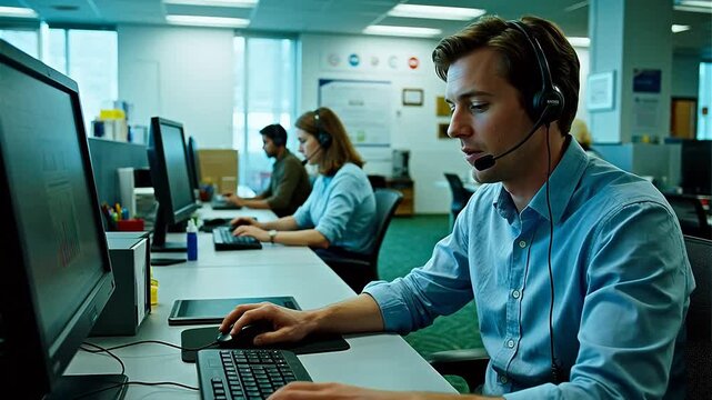 Office workers using computers and headsets