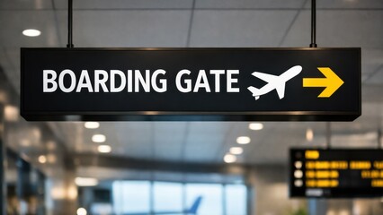 Boarding gate sign in an airport terminal with directional arrow.