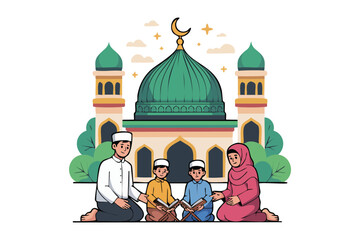 Vector illustration of a Muslim family standing in front of a mosque, representing family values, faith, community, and Islamic traditions.
