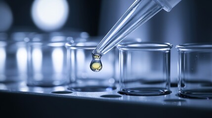 A close up of a laboratory pipette dispensing a single droplet of liquid into a rack of scientific test tubes in a research setting