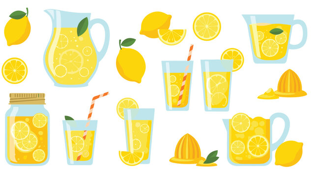 Refreshing collection of lemonade illustrations featuring pitchers, glasses with straws, whole lemons, and citrus slices.