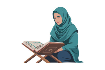 Flat vector illustration of a Muslim woman reading the Quran, representing faith, spirituality, Islamic education, and religious devotion.
