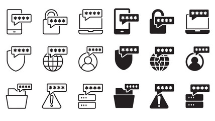 Digital security icons depicting various devices with lock screens on transparent background silhouette © Moinul