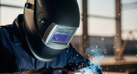 Welder man wearing protective mask and uniform for safety. Worker performing job in workshop with sparks flying, industrial workplace.