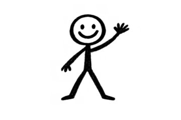 Hand drawing stick figure waving happily, a friendly doodle character with a smiling face greeting people