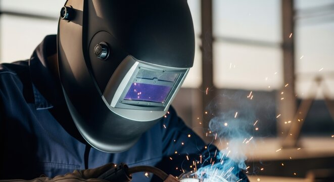 Welder man wearing protective mask and uniform for safety. Worker performing job in workshop with sparks flying, industrial workplace. - Powered by Adobe