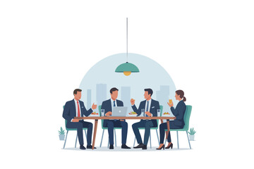 Flat vector illustration of a formal business meeting in a modern office environment. Suitable for corporate, management, leadership, and professional teamwork themes.
