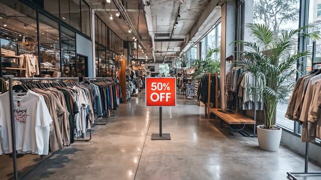 Retail store interior with sale sign and clothing racks, shopping concept.