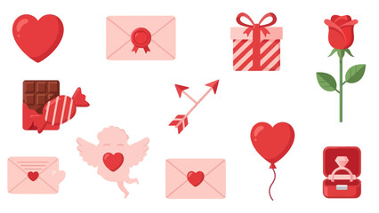Valentine's Day Icons: Hearts, Rose, Gift, Cupid, Chocolate, Envelopes, Ring