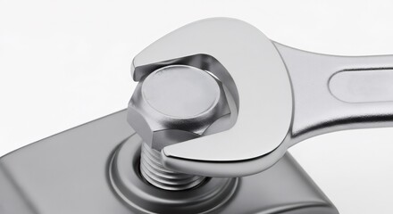 Silver metal wrench screwing a bolt on a white background. Industrial equipment and repair concept for construction and maintenance.