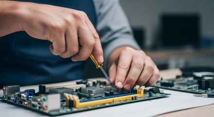Man repairing electronic circuit board with screwdriver. Computer hardware maintenance and assembly concept for technology repair service.