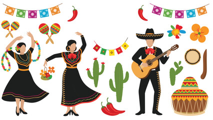 Fototapeta premium Mexican culture illustration featuring people in traditional clothing dancing and playing guitar among cacti, maracas, and chili peppers.