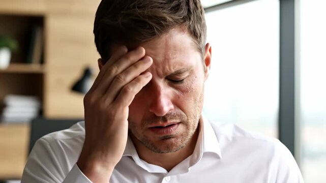 Man in office rubbing nose and eyes. Businessman suffering from headache or sinus pain. Workplace stress and exhaustion concept
