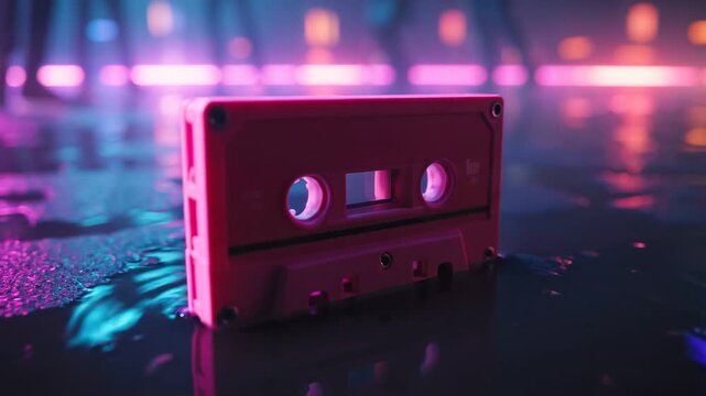 Retro Pink Cassette Tape in Neon Lit Dance Club Environment.