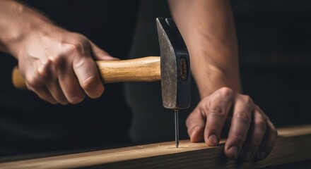 Man hammering nail into wooden plank. Construction, renovation, and DIY concept. Craft work or home improvement project.