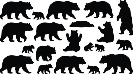 Bear Silhouettes Set Showing Adult Bears and Cubs Walking Standing Sitting and Playing for Wildlife Nature, Forest Animals, Conservation and Outdoor Design Illustration © parves's world