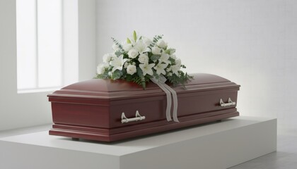 Wooden coffin adorned with white flowers and ribbon on a pedestal. Funeral service and memorial concept. Sympathy and remembrance for passing.