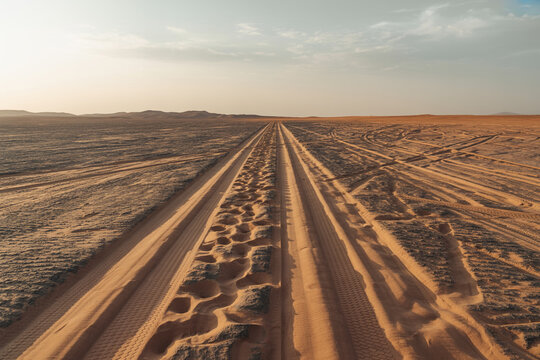 Desert landscape with parallel tire tracks extending into the horizon under a clear sky
