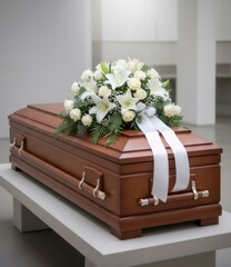 Wooden casket with white funeral flowers arrangement. Concept of memorial service, loss, and mourning. Funeral event.