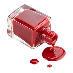 Red nail polish bottle with spilled liquid on white background