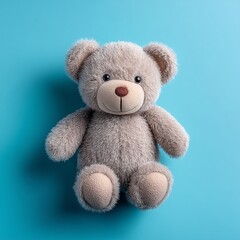 Obraz premium Adorable brown plush teddy bear sitting against a vibrant turquoise background, showcasing fluffy texture. Generative AI.