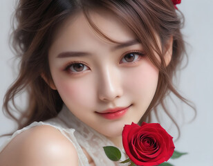 Beauty portrait of a beautiful young woman. Beautiful natural face, beauty image, red rose flower.美しい若い女性の美容ポートレート。美しい素顔、美容イメージ、赤い薔薇の花。