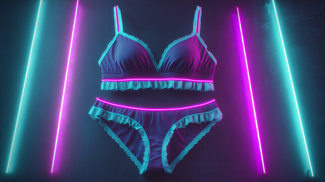 A lingerie set with neon trim displayed against a backdrop of neon lights in a dark setting