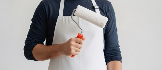 Man holding a paint roller appliance. Home improvement and maintenance concept with a new wall painting tool for renovation.