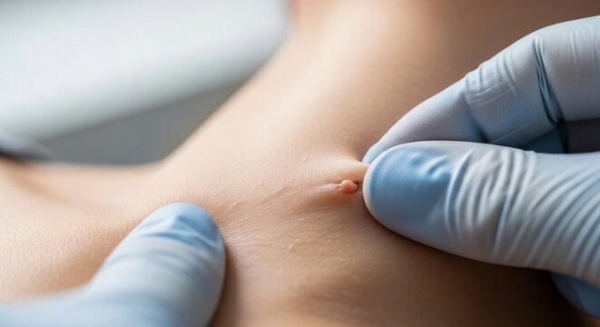 Skin Tag During Dermatology Examination, Close-up Detail, Medical Gloves Visible, Clean Clinical Background