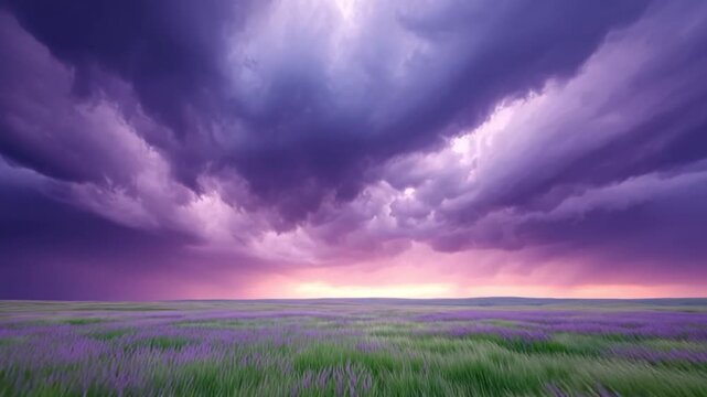 Sky's Symphony of Colors: Capturing the grandeur of nature, a vast lavender field stretches beneath a canvas of dramatic, swirling clouds, painted with hues of purple, pink.