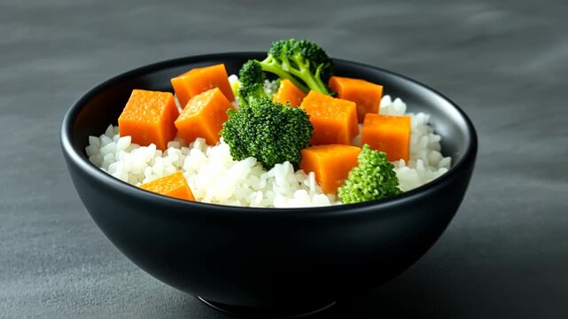 Rice is combined with broccoli and squash in a bowl, showing a simple and healthy meal prepared in a kitchen
