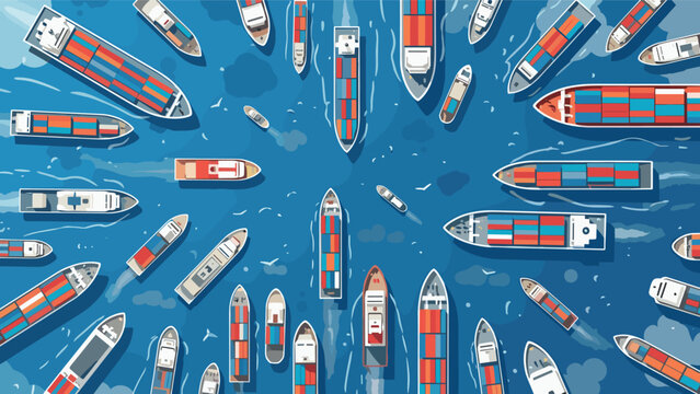Top view perspective of many cargo ships and nautical vessels of various sizes navigating across a deep blue ocean for maritime logistics.