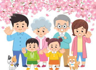 桜と春服を着た家族