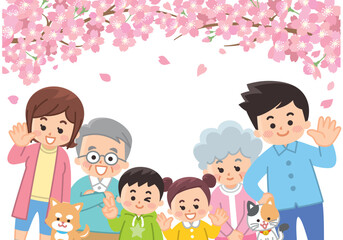 桜と春服を着た家族