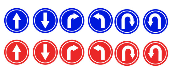 U turn left and right arrow sign direction icon set. Go straight, this way, one way only U turn, left and right arrow. Along with prohibition icons for straight ahead, right and left turns. © Linda