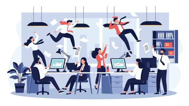 Busy office environment illustration with energetic workers jumping and documents flying through the air to represent a chaotic workplace.