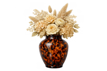 Dried floral arrangement with pampas grass and roses in a spotted ceramic vase providing home decor accent