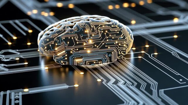 A brain model sits on a circuit board with lights showing a mix of technology and thought in a modern setting