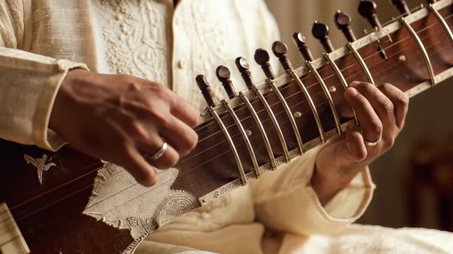 Close-up of hands playing a traditional Indian Sitar musical instrument
