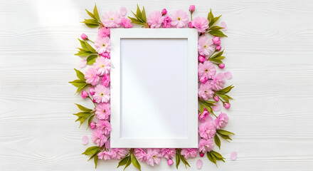 Obraz premium White Frame Pink Flowers White Wood Flat Lay Design