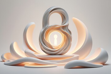 A futuristic glowing silver padlock with keyhole surrounded by swirling white curved shapes