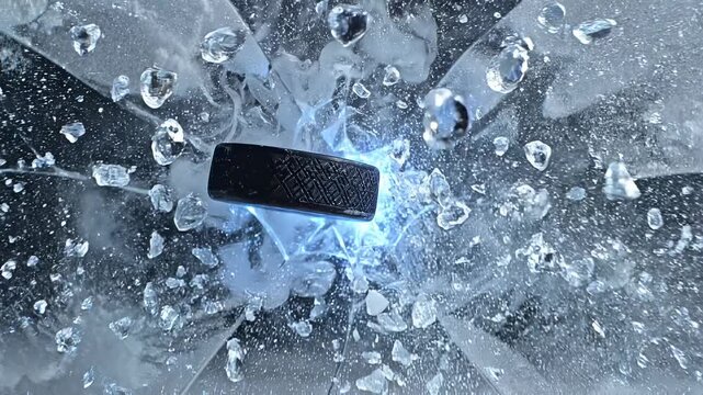 Hockey puck smashing through frozen ice in slow motion