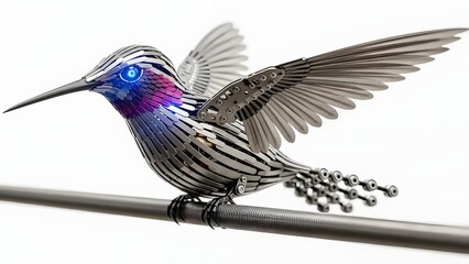 Obraz premium Detailed metallic hummingbird sculpture with iridescent feathers isolated on white background