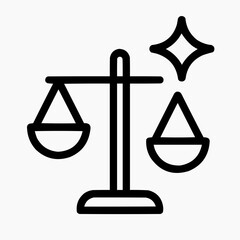 Line icon of a scale and a spark &mdash; ethical balance, black on white, square minimalist style