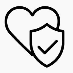 Line icon of a heart with a shield &mdash; integrity with care, black on white, square minimalist style