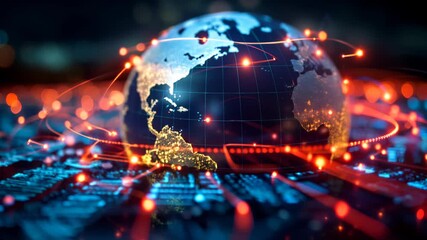 Digital network connecting earth globe with glowing data transfer, cyber security, internet traffic, futuristic communication technology - Powered by Adobe